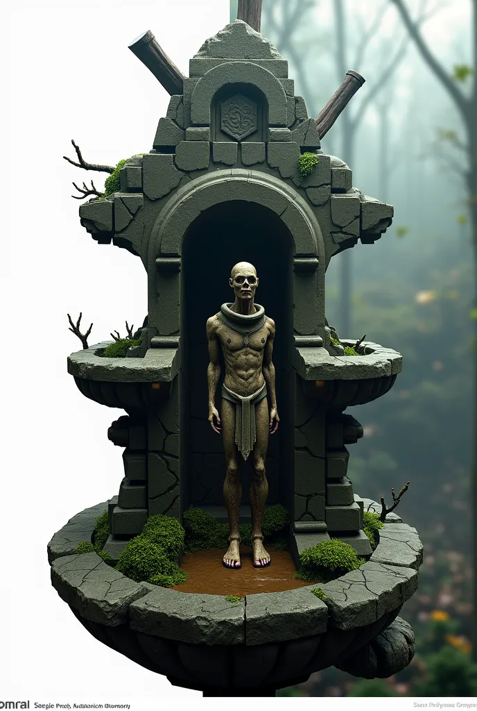 Create a 3D rendering of a Sentinel of Shadows, carved from rough stone, a dry and very old fountain with patches of moss, something that represents a sign that there is an abandoned ancient temple nearby, perhaps a morbid ancient sentinel sculpted in an a...