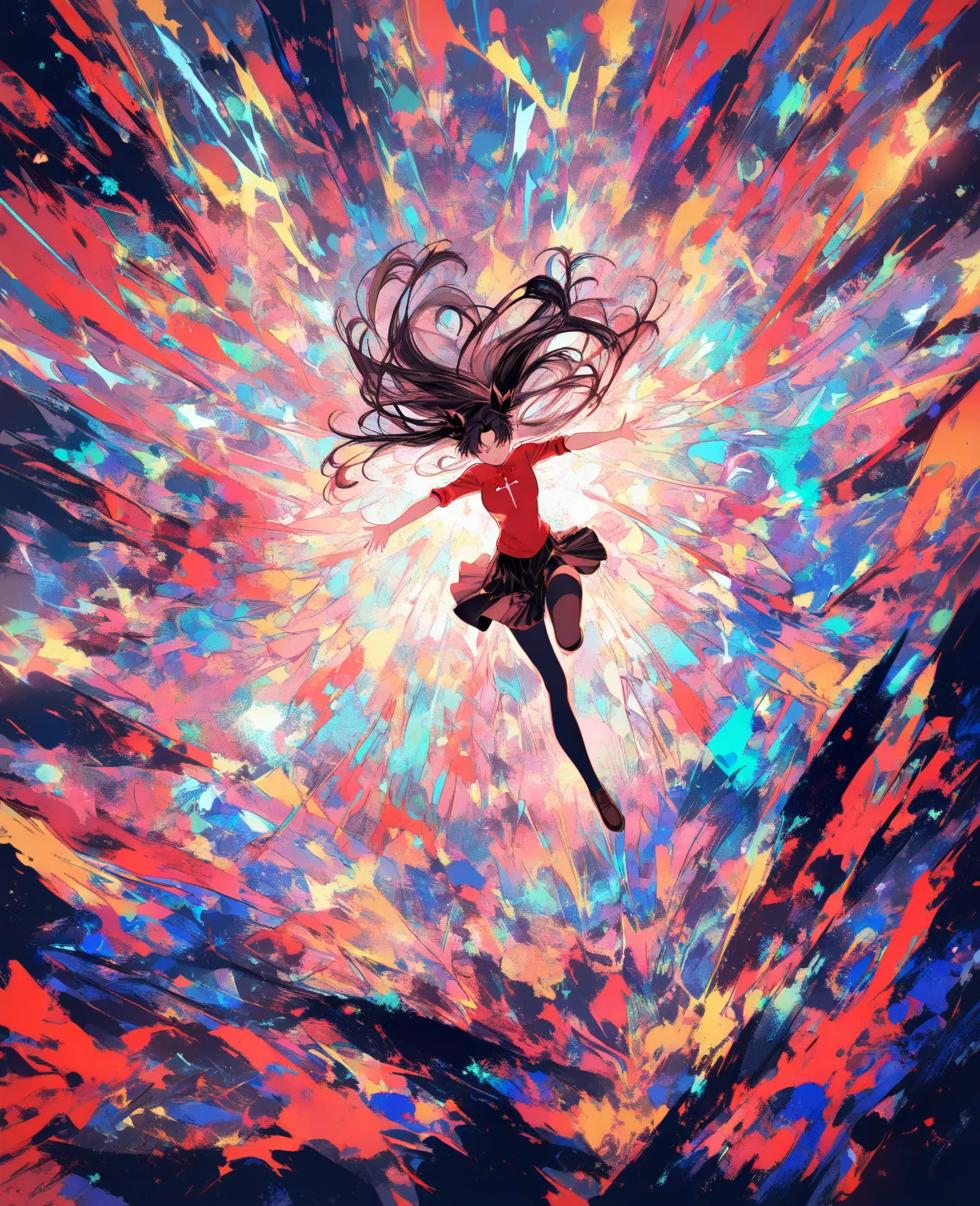 1 girl crouching, long black hair　Tohsaka Rin　Flying through the sky with magical powers　Magical lightning in both hands　 angles from the sky 