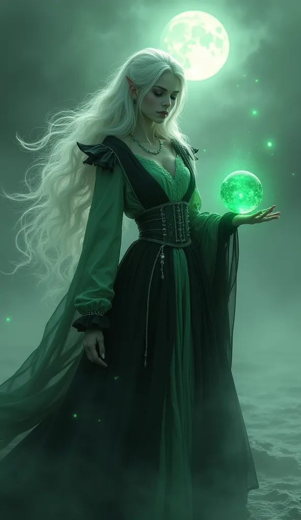 "Selene, the Spectral Corsair" – A phantom elf waifu, draped in black, white, and light green pirate attire that flows like mist. Her long, ghostly white hair sways in ethereal waves, framing her elegant yet fierce face. A glowing, translucent green orb—th...