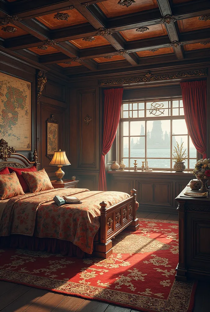 One Piece, Captain Genbu’s cabin on the Tetsuzan, large bed, desk with maps, sea stone accents, ornate, dimly lit