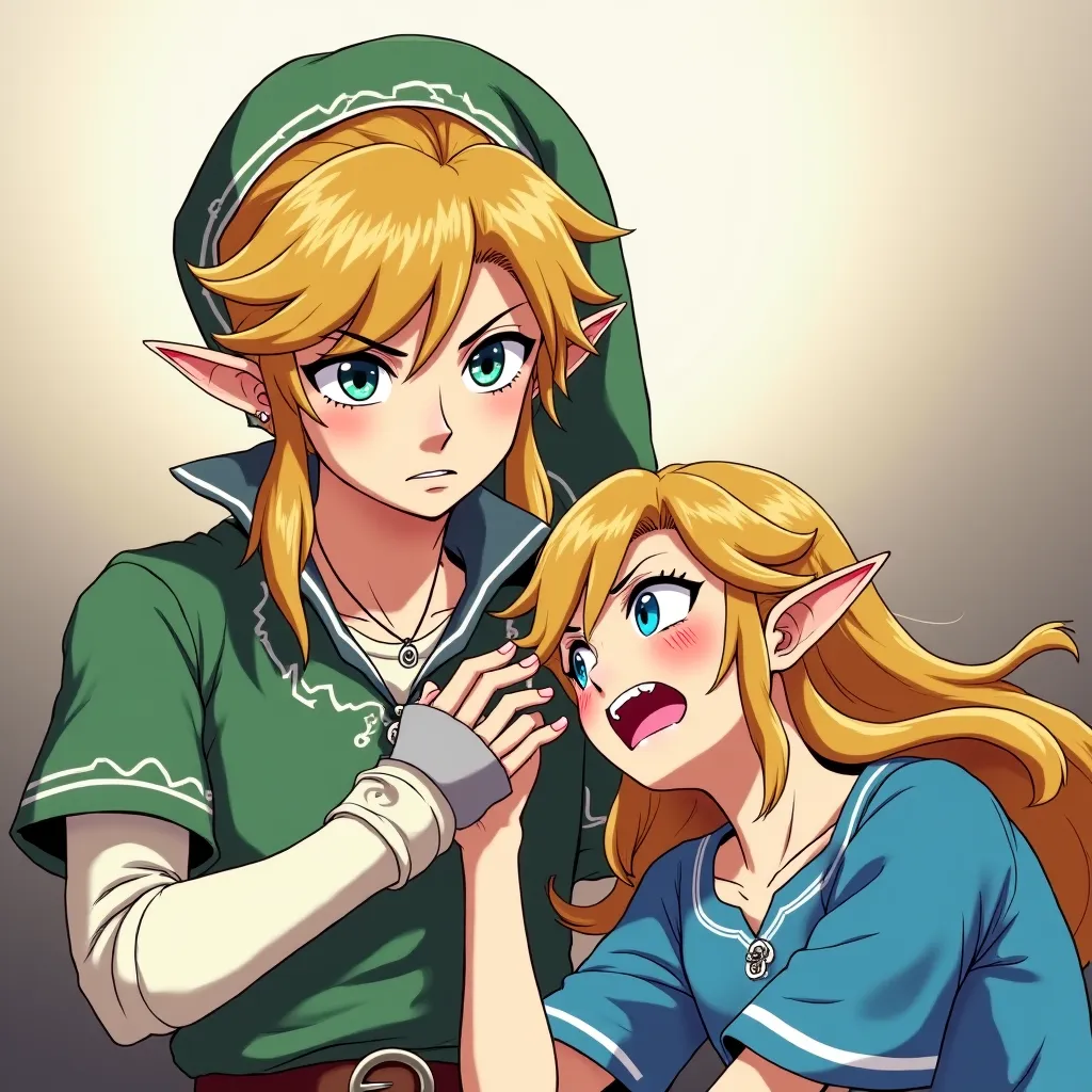 Anime Legend of Zelda King Link wearing a Massive popped collar polo with a collar so high it's taller than his head he's with Princess Zelda who is in agonizing pain because he's Electrocuting her to death