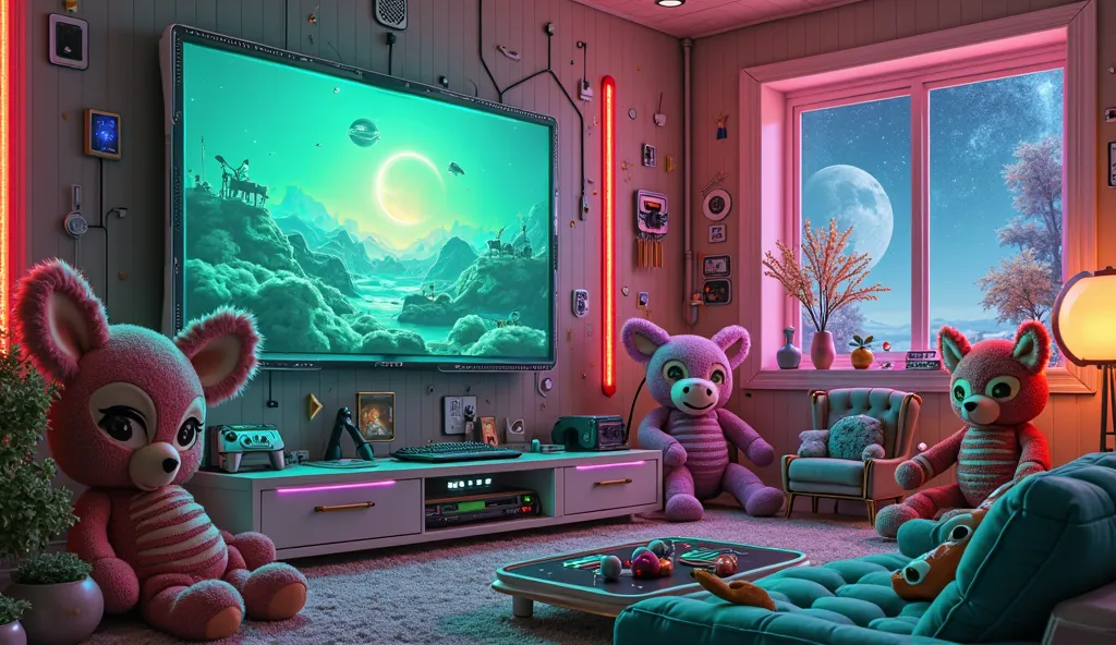 Living room full of stuffed animals Futuristic TV Accessories/Gamers with an extraterrestrial theme in shades of green, purple and red with cyan lighting