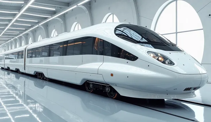 "A futuristic high-speed train, Model 2025, capable of reaching 640 MPH. The train is sleek and aerodynamic, painted in a shining white color. It features smooth curves, tinted windows, and a streamlined nose. The scene is set in a luxurious showroom with ...