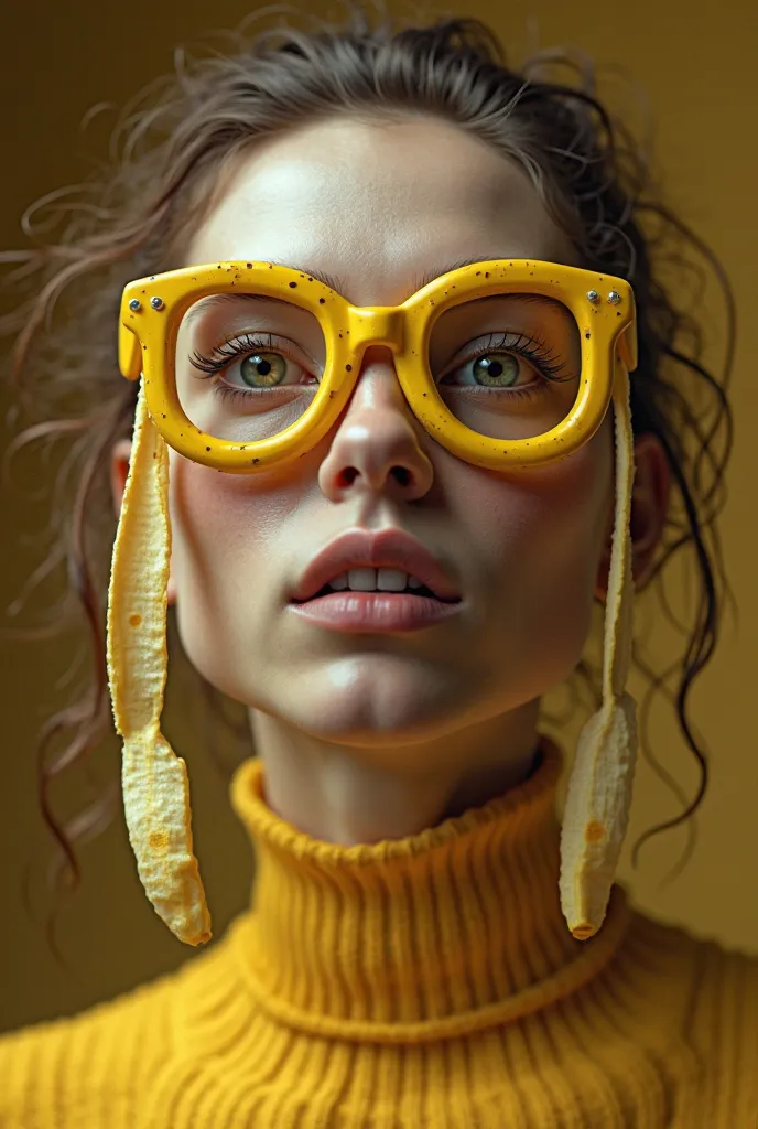 Human wearing banana skin glasses, with real peeled bananas that hang on the glasses