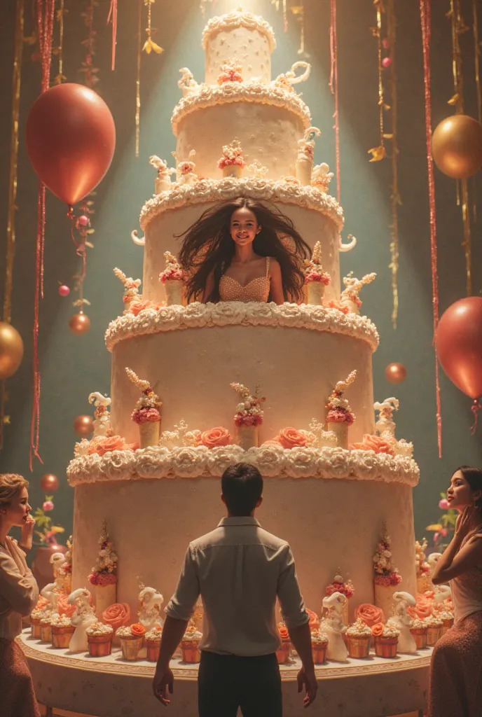 Woman coming out of giant cake to give birthday surprise to man