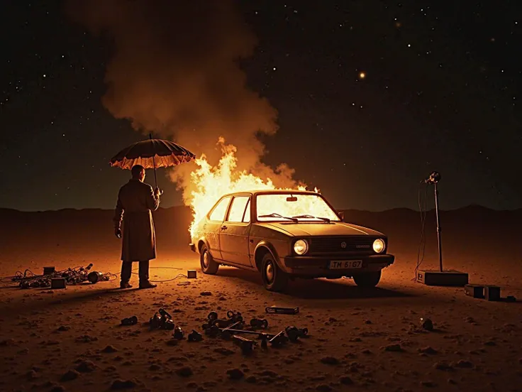 Volkswagen Gol G7 on fire in the desert at night with current sound equipment, NOTHING FUTURISTIC , microphones, Speakers thrown on the floor, Burning man holding umbrella next to the car