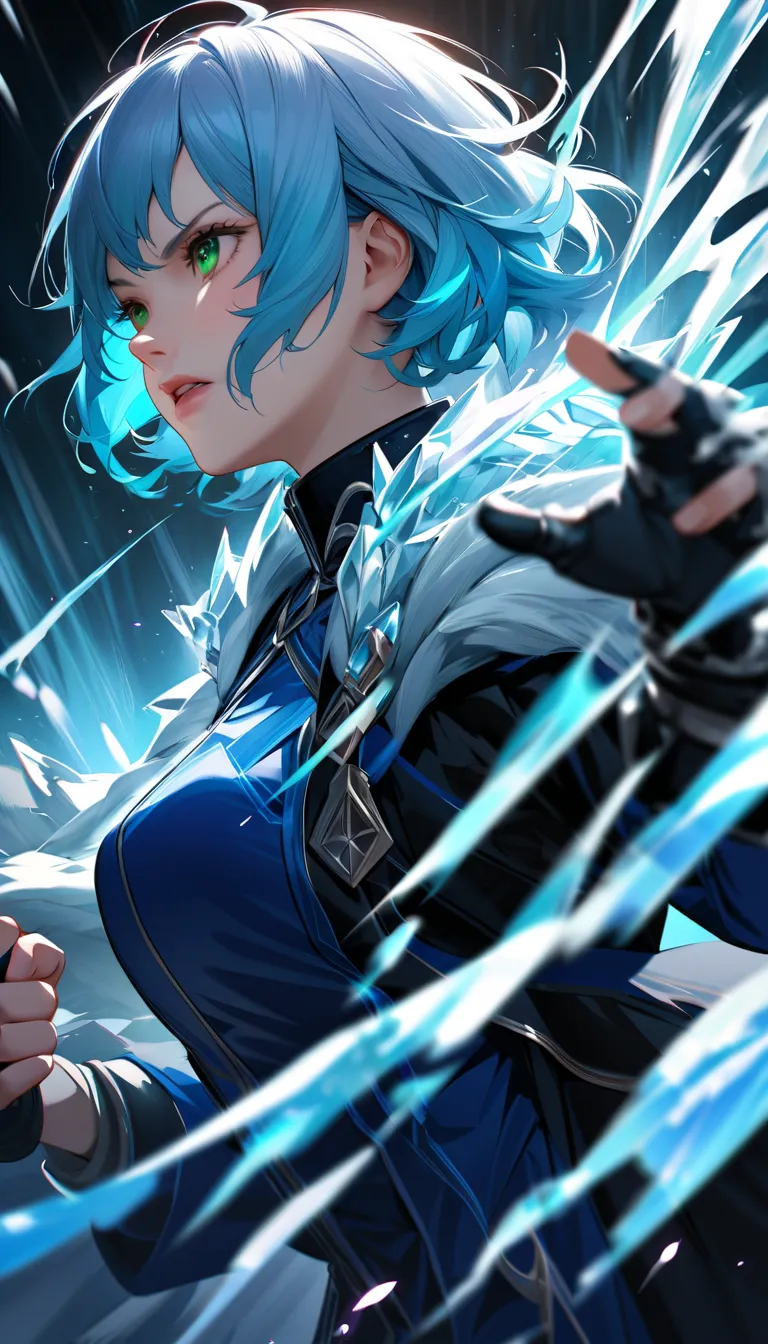 A short-haired girl with light blue hair and bright green eyes, a dynamic animated illustration, she is wearing azure knuckles made of ice, which release stunning freezing effects and enigmatic blurs whenever she releases her fists,Please express the reali...