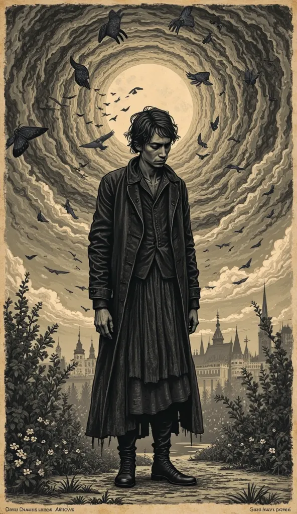 "Vintage style illustration, inspired by 19th century engravings, with sepia tones and black and white.  in the center, Raskolnikov, the protagonist of Crime and Punishment, represented as a human figure in transition: half of her body is shrouded in dense...