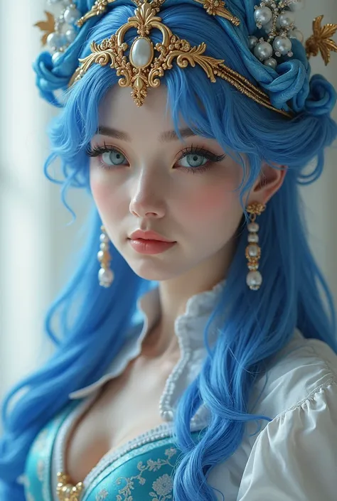 a close up of a woman in a blue and white outfit, a statue by Kentaro Miura, tumblr, rococo, cosplay, anime girl cosplay, anime cosplay, anime goddess, japanese goddess, full-cosplay, ornate cosplay, glamourous cosplay, oppai, beautiful goddess, seductive ...