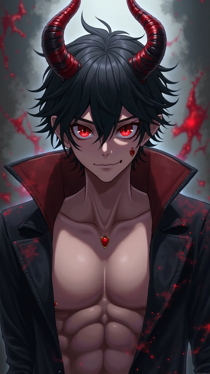 demon masculin 20 ans ,il a des  cheveux  noir  , cheveux courts,les yeux noir , il a des cornes sur la tete , anime, sexy