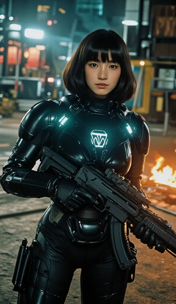     (( Short hair with bob cut  )),((beautiful cyborg woman trying to fire using her whole body)),((the moment she picks up the machine gun and tries to fire))、       PERFECT ANDROID GIRL      ,  long boots、cyborg girl, cute  ,Beautiful Asian female cyborg...