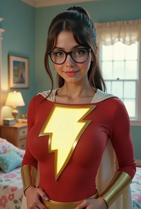 A FANTASY BEDROOM SCENE. A VERY SEXY, BLUE EYED, SEXY NERDY GIRL TRANSFORMS INTO A SEXY  FEMALE SUPERGIRL AS HER BREASTS SWELL AND INFLATE MASSIVELY IN SIZE. NOW WEARING AN AUTHENTIC 1980 RED THICK SPANDEX FEMALE SHAZAM DRESS STYLE COSTUME WITH A YELLOW LI...