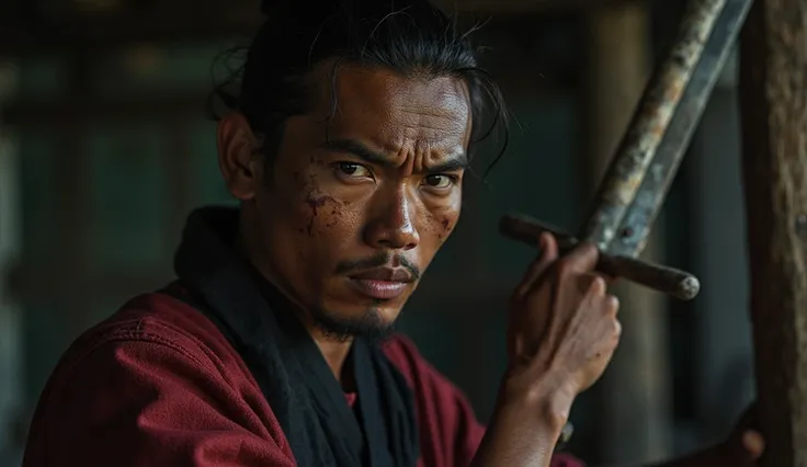 Medium shot.
Young Javanese man, Tight and stocky body with face full of scars, top hair tied, wearing black and red clothes, dress typical of 70s Javanese swordsman, big belt at waist.  blurred background , only his face was sharp with a full expression o...