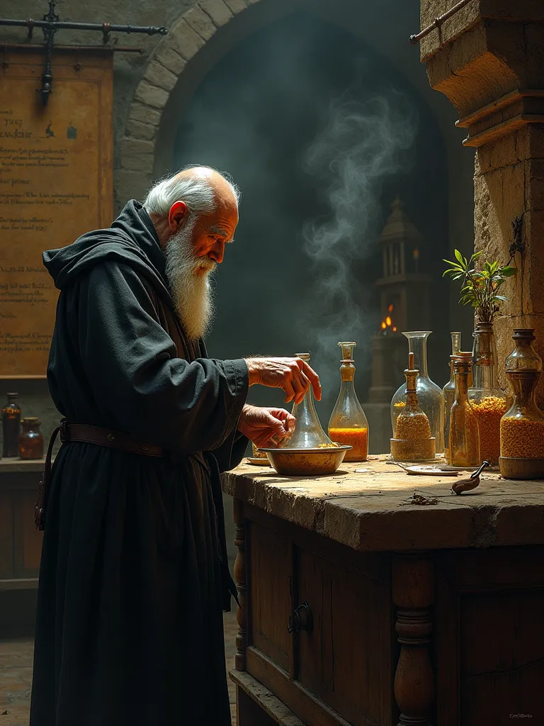   medieval, old monk in an alchemy lab with lots of flasks,  vessels and various herbs,   Masterpiece , concept art,  medium plan, panoramic,  alchemy lab interior,   on the walls, ancient manuscripts, instructions and various weapons,   mythical  ,   fant...