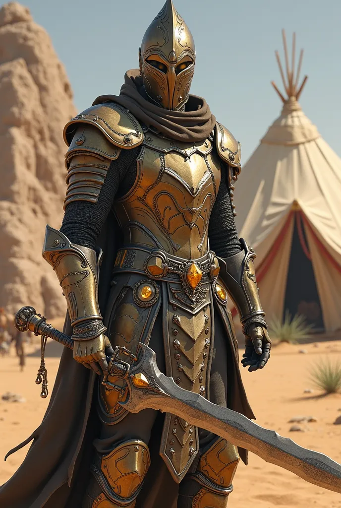 score_9; Western realism, fantasy;1 man;  futuristic dark-gold knight exo-armor covered with steel scales ;  pointed helmet with a lamellar visor, there is an artifact in the form of a gold crystal on the belt;  holding a claymore sword with a wavy blade; ...