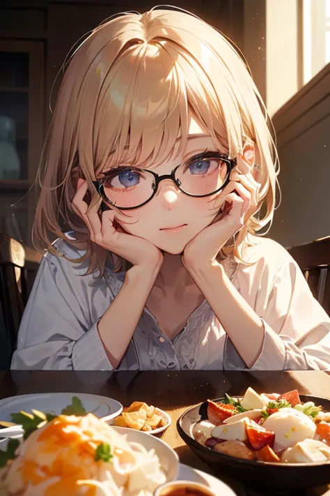 ((highest quality)), ((傑highest quality、masterpiece、High sensitivity、High Resolution、detailed description、depicting a delicate face))Slender Woman、glasses、mashed potatoes、Baku-eating、