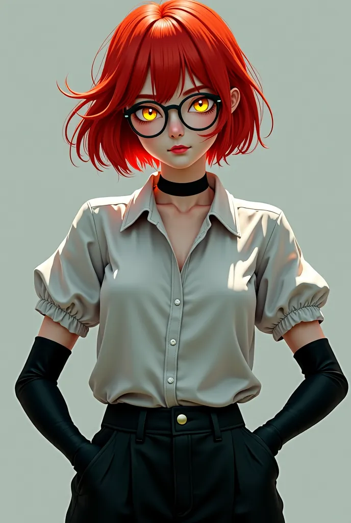 A girl , red short hair, glasses ,  Yellow-eyed , white short-sleeved blouse, elbow-length black gloves, chunky black pants, black knee-length shoes. .