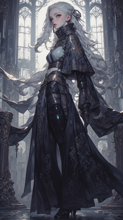  “4K anime-style quality ，digital painting mode，An alluring and powerful goddess，Long silver hair flowing in waves，full of mysterious purple eyes，wears an exposed and elegant black dress，with exquisite embroidery，Standing on the towering balcony of Freya f...