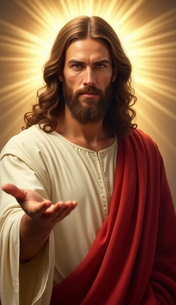 A man with long, wavy brown hair and a full beard, with a serene and welcoming gaze, representing Jesus Christ. He is wearing a flowing white tunic with a red sash, symbolizing divinity and sacrifice. A radiant golden light shines behind him, creating a ce...