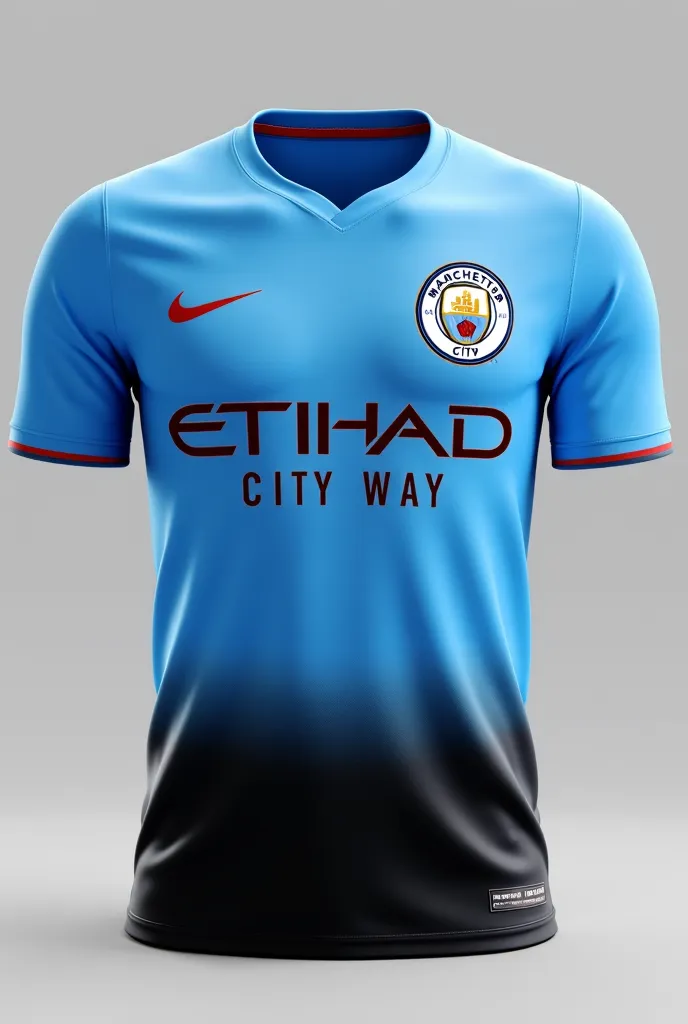 I want to create a soccer jersey similar to that of Manchester City, That it is light blue and that the t-shirt has a black gradient at the bottom, That it has the Manchester City logo and that the Nike is in gold