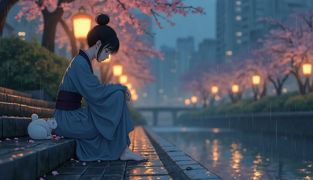 A semi-realistic illustration of a young woman sitting alone on the quiet steps of a stone bridge in a peaceful, rain-kissed city park at night. She wears a simple yet elegant Hanfu-inspired outfit in muted shades of blue and gray. With her knees drawn clo...