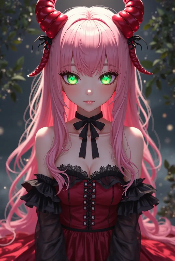 Create a drawing of a 2D anime character with red horns,  smooth pink hair, red and black dress, green eyes, fair skin, with a Gothic style  