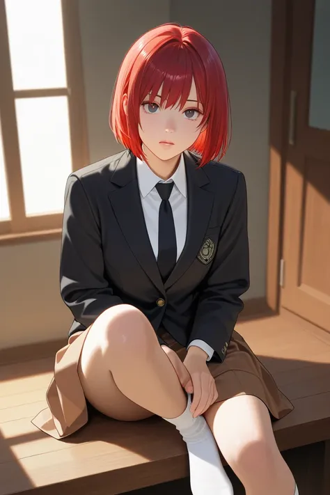 human、young woman、 red hair 、 Falling Front Short Bob、 black blazer uniform on the sandalboard、brown skirt to hide off-screen hands、 white socks、staring at JK's feet、Be on guard