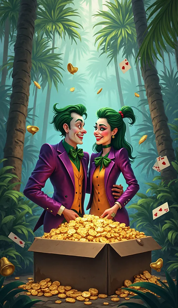 Joker and Joker Girl stand together with a box full of gold coins, laughing, surrounded by jungle.