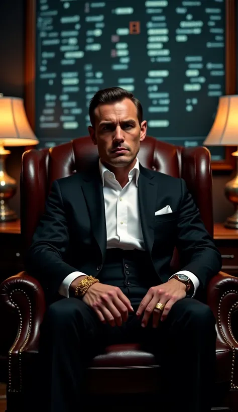 A man sitting in a leather armchair, with a straight posture, facing the camera, and looking directly into the lens. His hands rest on the armrests of the chair. He wears a luxurious black suit, a white shirt, and gold cufflinks. Behind him, a dimly lit ba...