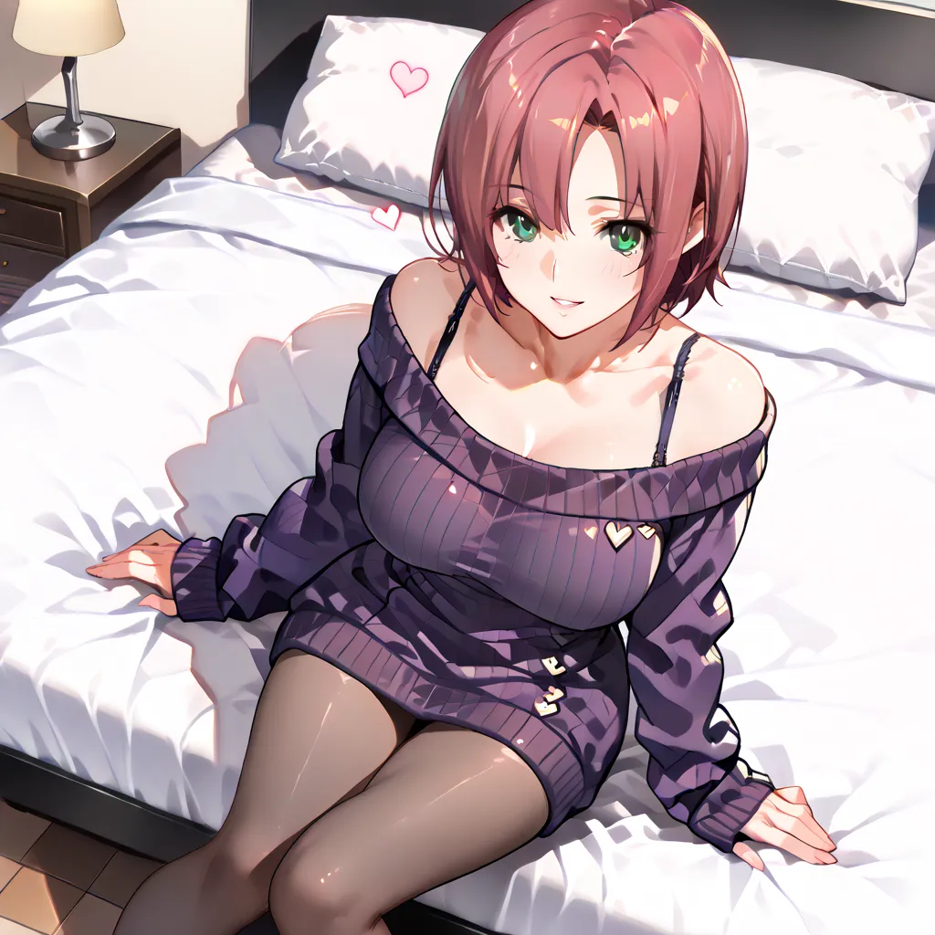 (Masterpiece, Top Quality, Super Detail: 1.5), Super High Quality, Very Beautiful, 8k, Anatomically Correct, Precise, One Woman, Solo, Sexy Adult Female, MILF, Breasts, Perfect Fingers, Wine Red Hair, Short Bob Cut Hair, Shiny Hair Texture, Green Eyes, Det...