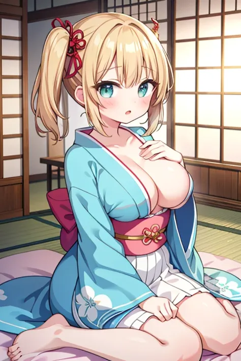 girls、 middle school student、Big Breasts、 kimono、Half-naked、 no bra、おっぱいの谷間、Japanese-style room