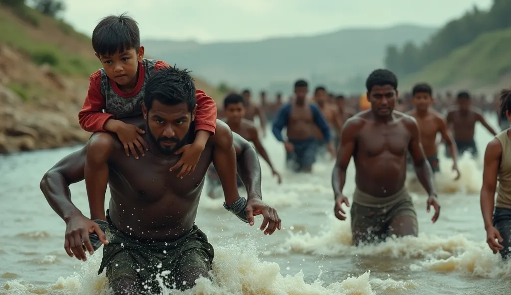 2.	A caravan of refugees crossing a treacherous river—a father carries his  on his back, struggling against the current, while others cling to makeshift rafts, their faces filled with determination. Closed-up, hyper-realistic, vibrant, 4K HD.