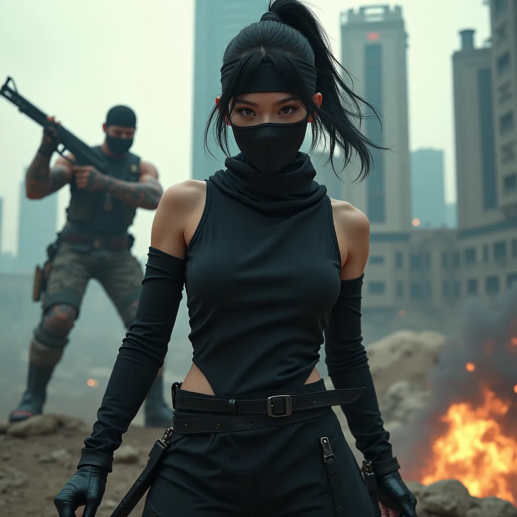 (((  magazine cover  ))), (((  Poster Art ))) , (((heavy construction equipment))) , (((The background is a group of buildings in a modern city))), (((advertising poster design for a movie starring a female ninja))), (( a perfectly beautiful 20 year old Ja...