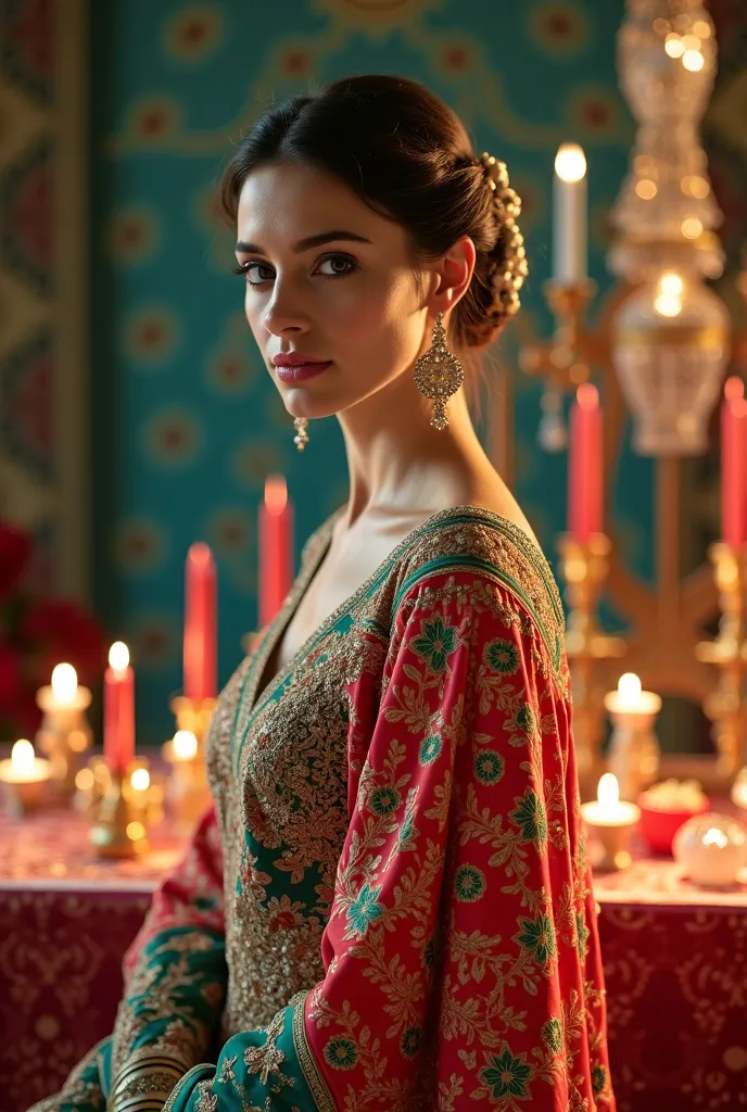 A woman in an authentic Iranian dress next to the Haft Sin Eid table