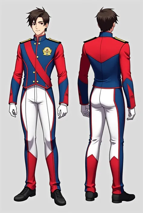 Give me a nice lay out for drum and lyre corp for band major show me the front and the back the up is red and blue and the pants is white and red male.