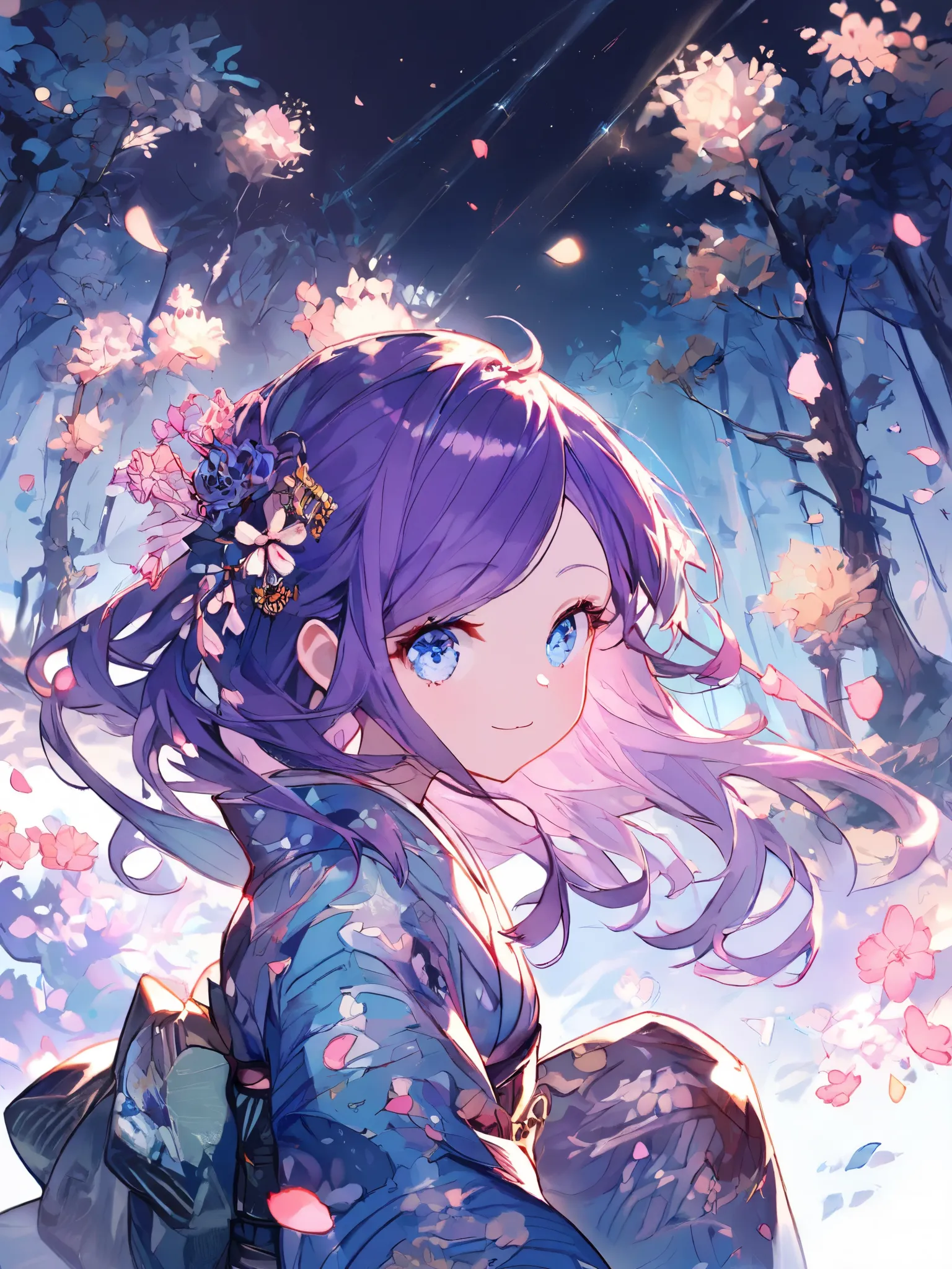 masterpiece, {best quality}, {super detailed}, {beautifully detailed eyes},software,(Alone:1.1), ( girls:1.3),  Mysterious Forest, no bangs ,short twin tail,  Curl Underface )  knee shot, from side,Detailed Patterned Kimono , (purple hair :1.2), (Sparkling...