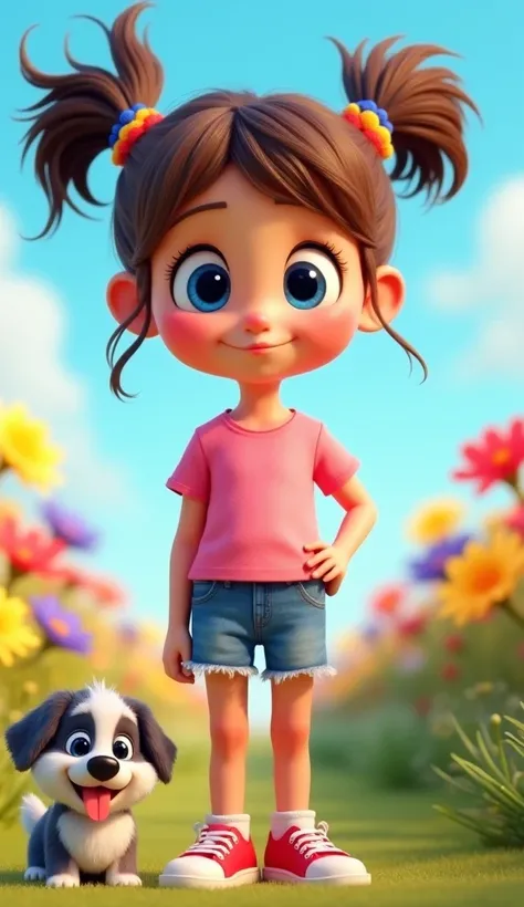 "Create an animated character in a 3D format, inspired by a soft and playful style with high contrast and vibrant, saturated colors. The character is a young girl with large, expressive blue eyes, rosy cheeks, and a cheerful expression—she’s puckering her ...