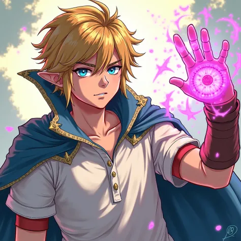 Anime Legend of Zelda King Link wearing a Massive popped collar polo with a collar so high it's taller than his head he's blasting Princess Zelda with dark magic from his hands