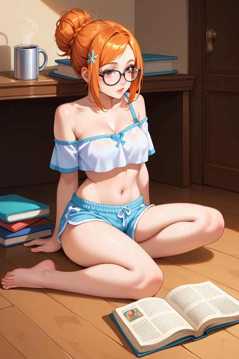 For a late-night studying outfit for Orihime, following the rule of showing her navel and feet:

Top:

A snug, off-the-shoulder crop top, slightly oversized, slipping off one shoulder, revealing her navel as she leans over her books.

Bottom:

Loose, comfy...