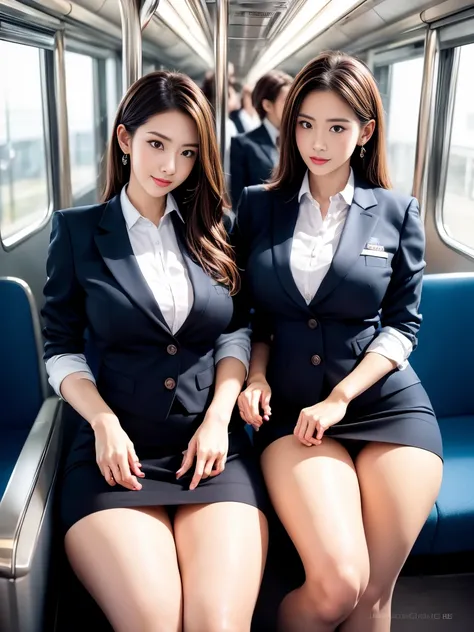 ((best quality、8k、masterpiece：1.3))、((Large L-cup breasts))、(( full body shot ：1.7))、The beauty of Japan、japanese actress、((white business shirt、  black business jacket  、  black business skirt  ：1.3))、((Two women sitting facing forward in a train seat：1.9...