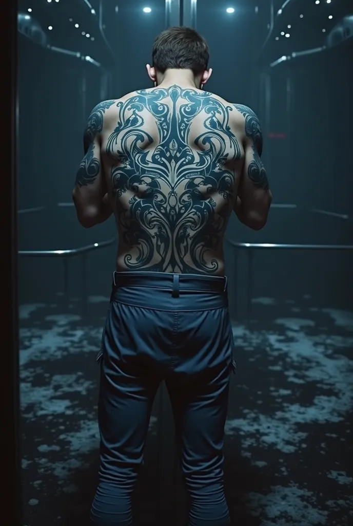 A tall brown man with short hair tattooed on his arms dressed in black while taking a photo reflection while hiding his face in the mirror of an elevator