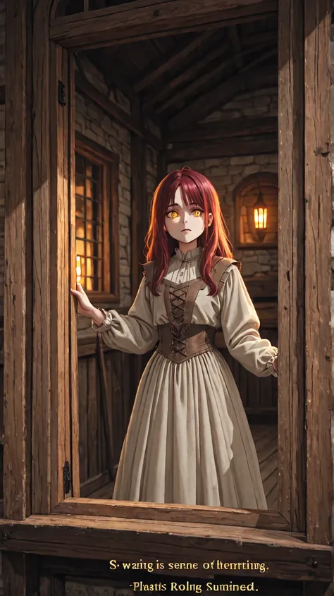 A young woman with auburn hair, dressed in medieval or rustic clothing, stands near a wooden window, gazing outside at a vast countryside with rolling green hills and golden fields. The sunlight filters through the window, casting a warm glow on her though...