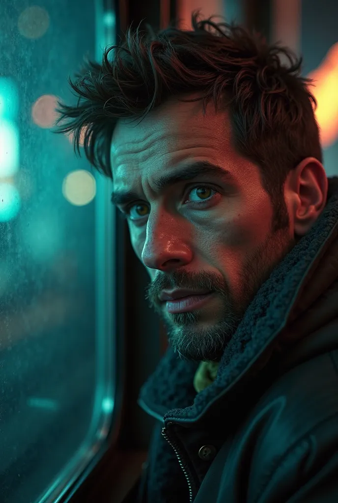 A man riding the Last Train Home, cinematic atmosphere, beautiful detailed eyes, beautiful detailed lips, extremely detailed face and portrait, dramatic lighting, moody colors, deep shadows, dystopian cyberpunk city landscape background, intricate details,...