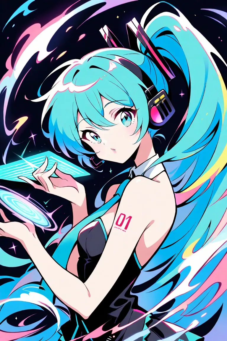 (has the best quality, sketch:1.2),practical, illustration designer  ,cunning，  mealioff  ,1 girl,   Hatsune Miku  ， delicate lips , hand， strapless， Neon long hair  ,  high ponytail green  ，  masterpiece,  This style is very retro, DJ.Emphasize outlines、s...