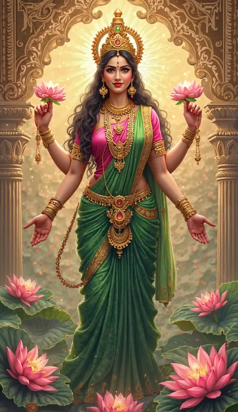 Create a image of Laxmi Mata in pink colour blouse and green colour saree
