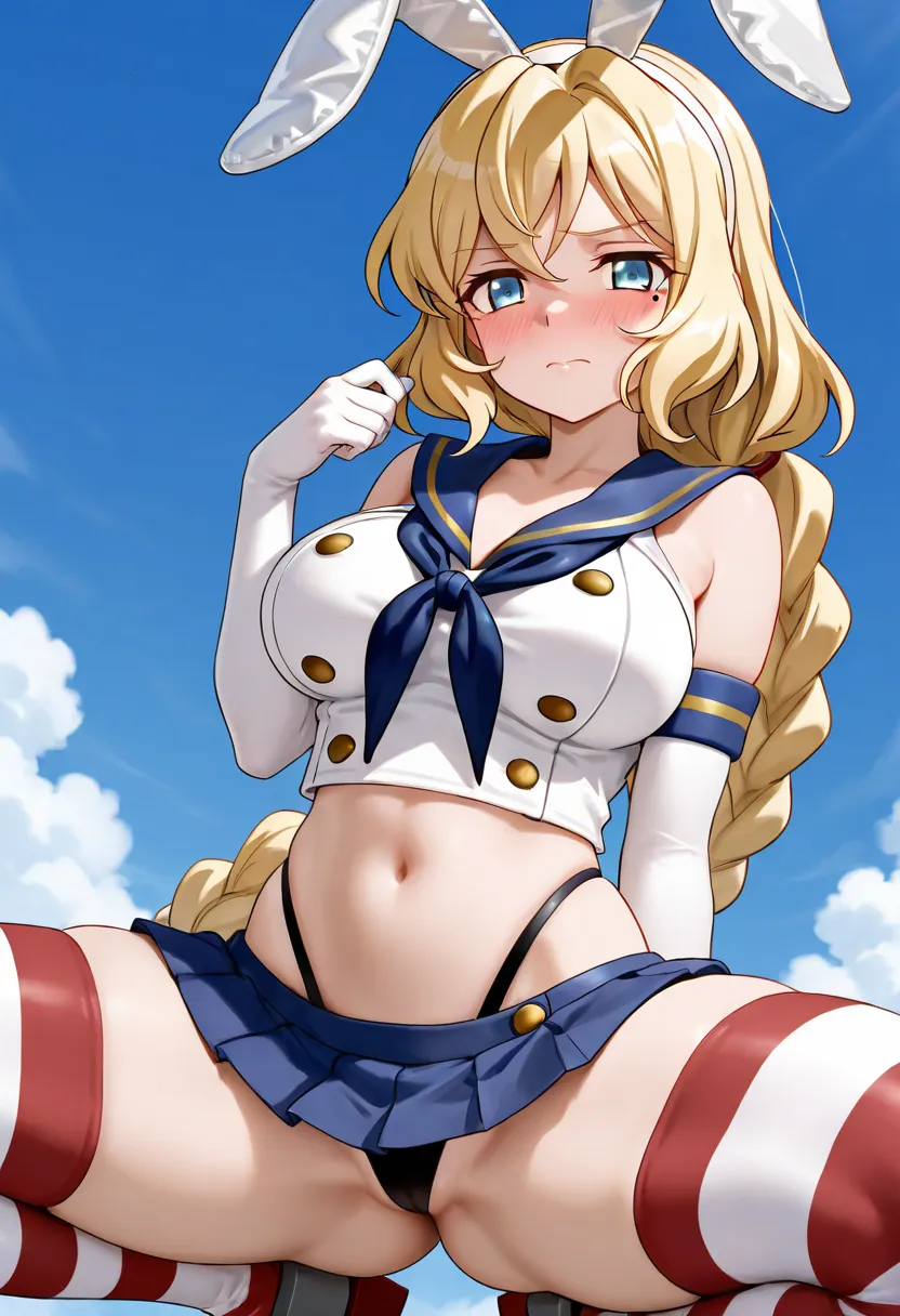 Carol Mars Deanheim (Symphogear)、1girl, solo, long hair, breasts, looking at viewer, blush, blue eyes, blonde hair, navel, closed mouth, underwear, thighs, outdoors, pleated skirt, hairband, sky, day, elbow gloves, midriff, cloud, white gloves, striped clo...