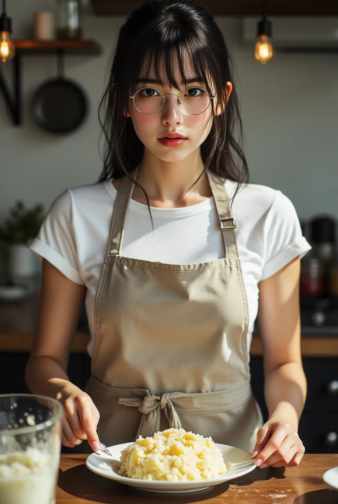 ((highest quality)), ((傑highest quality、masterpiece、High sensitivity、High Resolution、detailed description、depicting a delicate face))Slender Woman、glasses、 wearing an apron、mashed potatoes、Baku-eating、