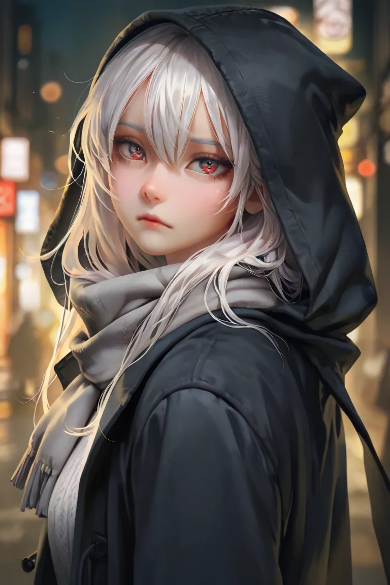 masterpiece, best quality, detailed eyes, semi realistic, 8k, girl, very cute, small, clumsy, oversized black hood coat, gray scarf, white sweater, short long white gray hair, emotionless face, calm, red eye, midnight city, solo character. looking at viewe...