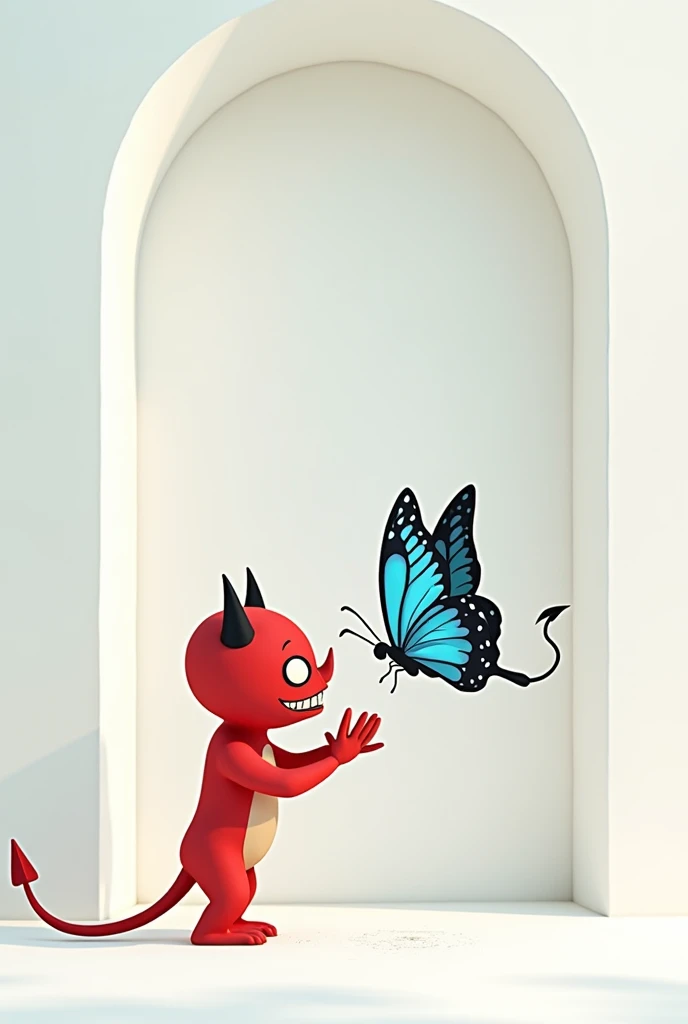 Red devil playing with a blue butterfly sitting in a white room 2D drawing