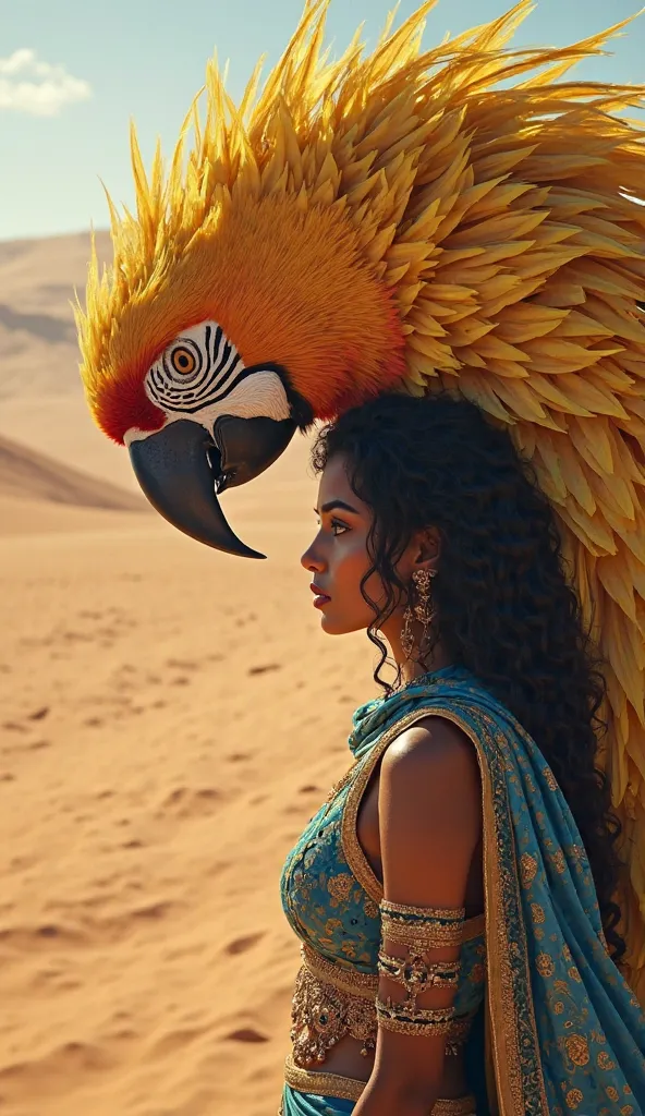 A stunning Arabian woman with olive-toned skin, deep brown eyes, and curly black hair peeking from under an elegant blue and gold veil. She stands in the vast desert, facing a gigantic parrot with shimmering golden feathers, its body reflecting the intense...